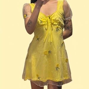 Sugar Thrills Yellow Mini Dress with Mesh Sleeves and Pineapple Embroidery